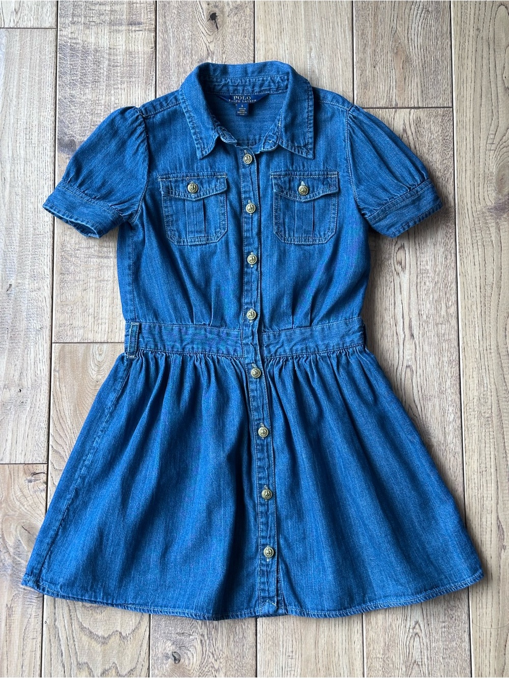 Polo Ralph Lauren Girls Denim Short Sleeve Gold Button Down Dress size 6